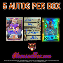 Load image into Gallery viewer, ClemsonBox.com Clemson Tigers football cards featuring Cade Klubnik, Dabo Swinney, Phil Mafah, Antonio Williams, Trevor Lawrence, Deshaun Watson, Travis Etienne, DeAndre Hopkins, Sammy Watkins, C.J. Spiller, Tee Higgins, Danny Ford, Hunter Renfrow, Brian Dawkins, Christian Wilkins, Vic Beasley, and many more Clemson legends possible pulls in the GAHLAY! Clemson Tigers Legends Mystery Box