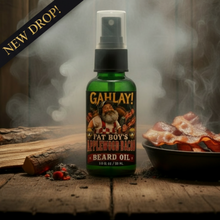 Load image into Gallery viewer, A 1 fl oz (30 ml) green glass spray bottle of GAHLAY! Beard Oil featuring a cartoon illustration of 'Fat Boy' with a beard and applewood bacon on the label, set against a neutral gray background.