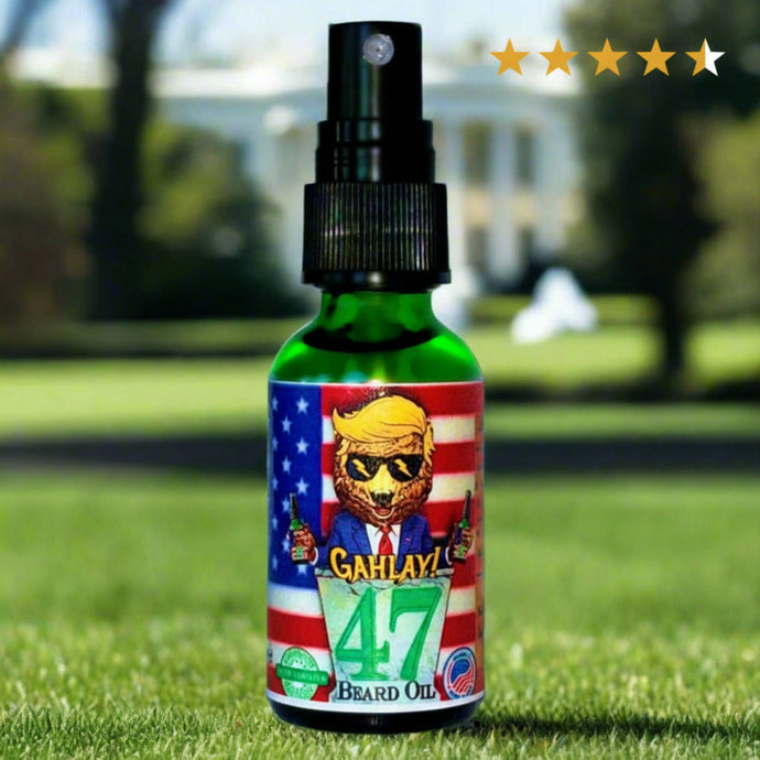 GAHLAY! '49' Beard Oil bottle with patriotic design inspired by the 49th President, Donald Trump, featuring premium ingredients like sandalwood, tea tree, and bay rum essential oils. Perfect for beard grooming and care. Free USA shipping