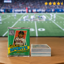 Load image into Gallery viewer, Gahlay Sports trading card pack with cards on a table in front of a sports stadium. Greenville, SC