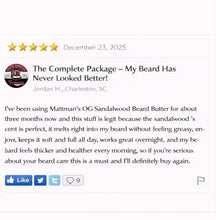 Load image into Gallery viewer, Product review for Mattman's OG Sandalwood Beard Butter with five-star rating and text description.