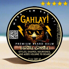 Load image into Gallery viewer, GAHLAY! Vanilla Smoke Beard Balm – Southern-inspired grooming balm in a metal tin, featuring a bold black label with vintage design. Scented with Carolina pipe tobacco and smooth vanilla for a rich, masculine aroma.