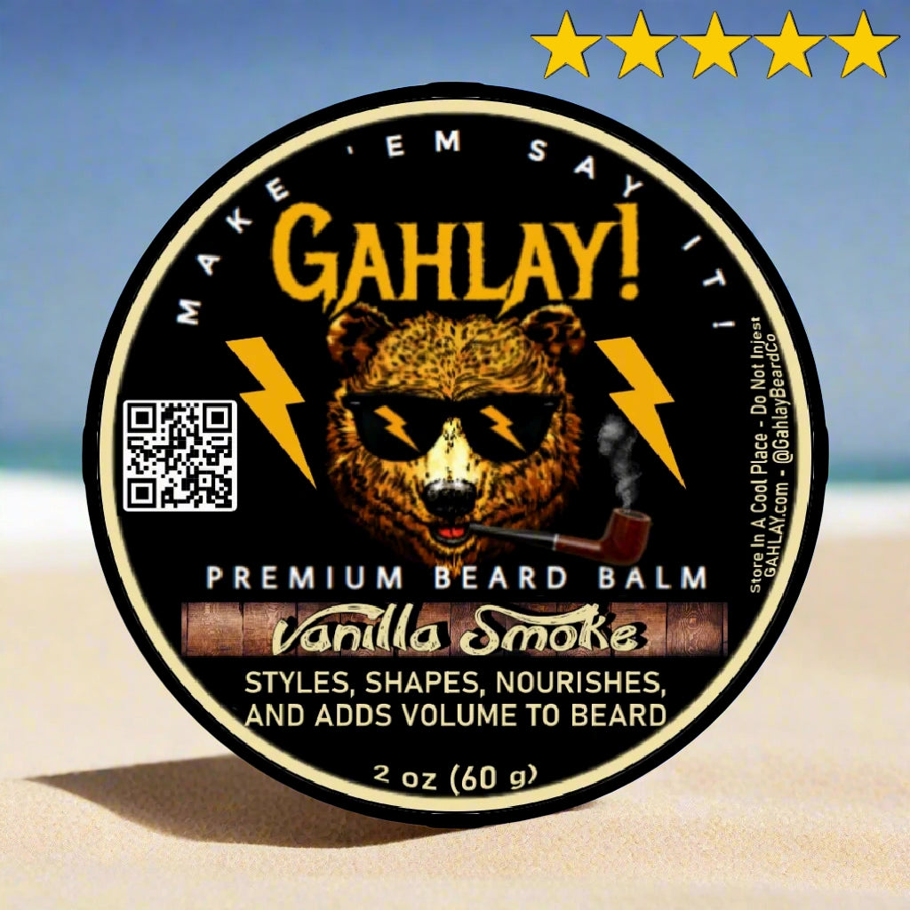 GAHLAY! Vanilla Smoke Beard Balm – Southern-inspired grooming balm in a metal tin, featuring a bold black label with vintage design. Scented with Carolina pipe tobacco and smooth vanilla for a rich, masculine aroma.