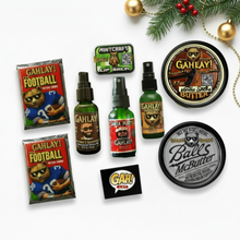 Load image into Gallery viewer, GAHLAY Christmas Gift Box Contents - Beard Oils, Butter, Balm, Lip Balm and Football Cards - Holiday Bundle